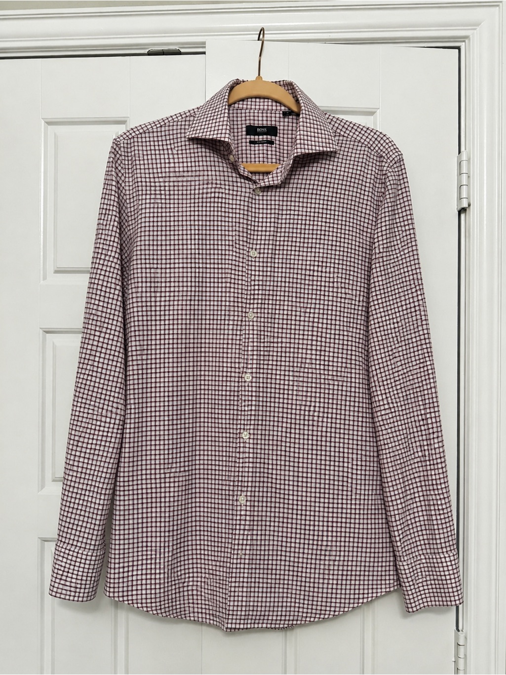 Hugo Boss Men's White And Burgundy Check Dress Shirt